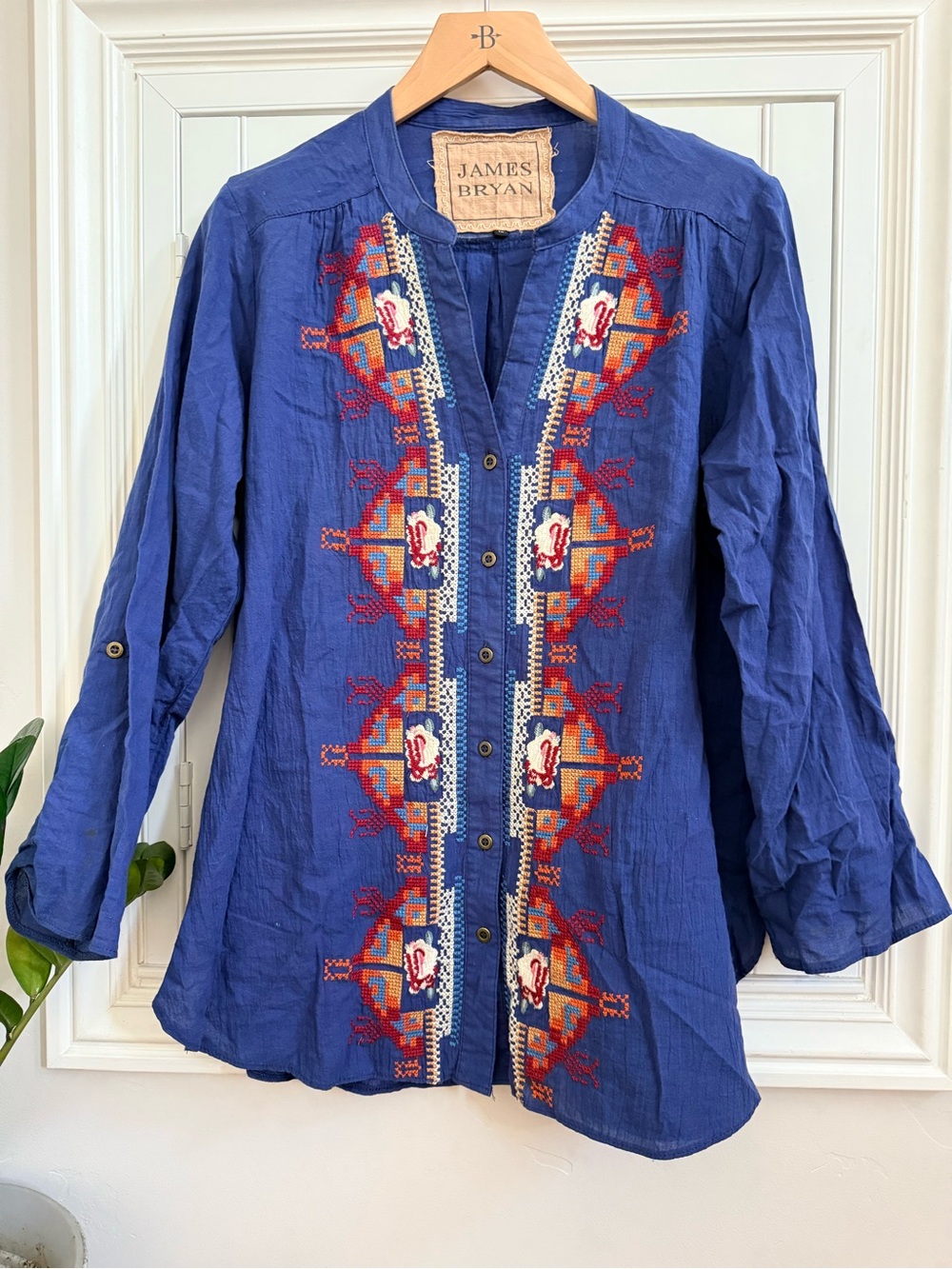 James Bryan Blue Embroidered Button-Up Shirt - Size Medium